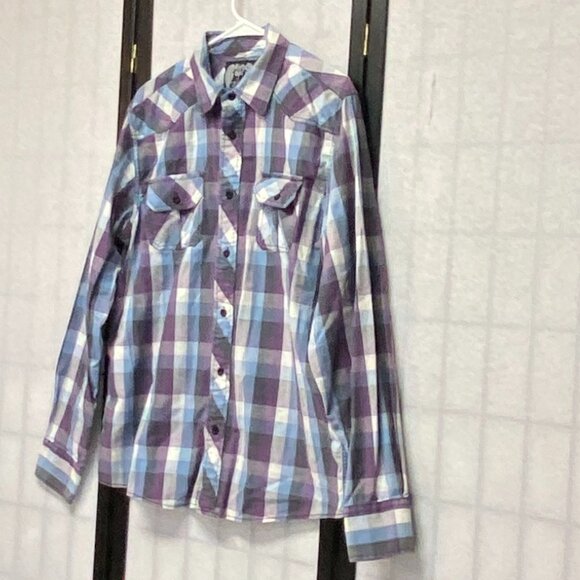 Eighty Eight Long Sleeve Collared Button Up Flap Pocket Plaid Shirt Purple Blue - Picture 4 of 11